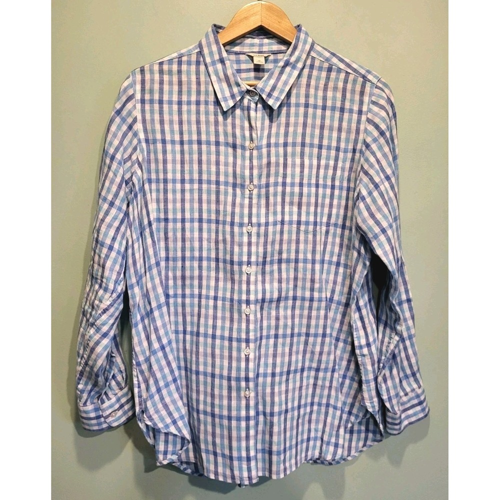 LL Bean Womens Blue Check Linen Long Sleeve Button Up Shirt Sz 1X